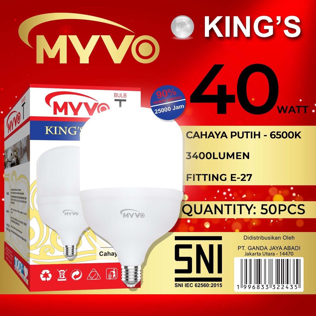 Lampu Led 40watt Jumbo Myvo King Capsule T Buld Nyala Putih Bergaransi