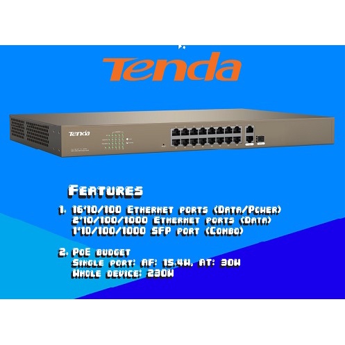 Tenda TEF1218P 16-Port PoE Smart Switch with 16 Port PoE + 2GE/1SFP