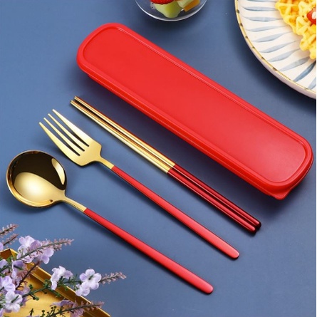 Set Alat Makan Korea Stainless, Box Sendok Garpu Sumpit Gold Oval 4 in 1 Portable-5