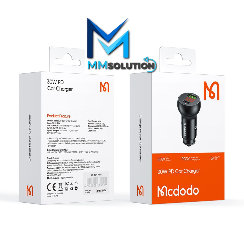 MCDODO CC-6810 Car Adaptor Charger Dual Output Fast Charge 30W