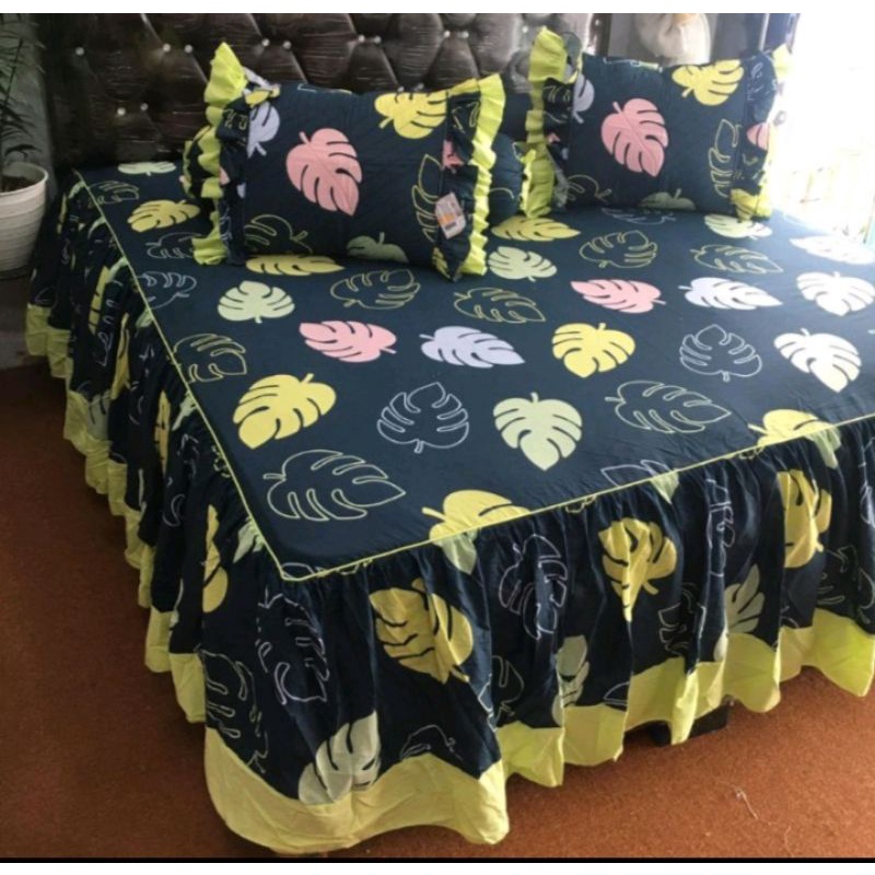 Sprei katun rumbai pengantin cantik motif Daun ukuran 180x200