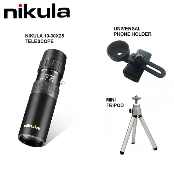 NIKULA 10-30x25 FULLSET - Portable Telescope with Tripod Phone Holder