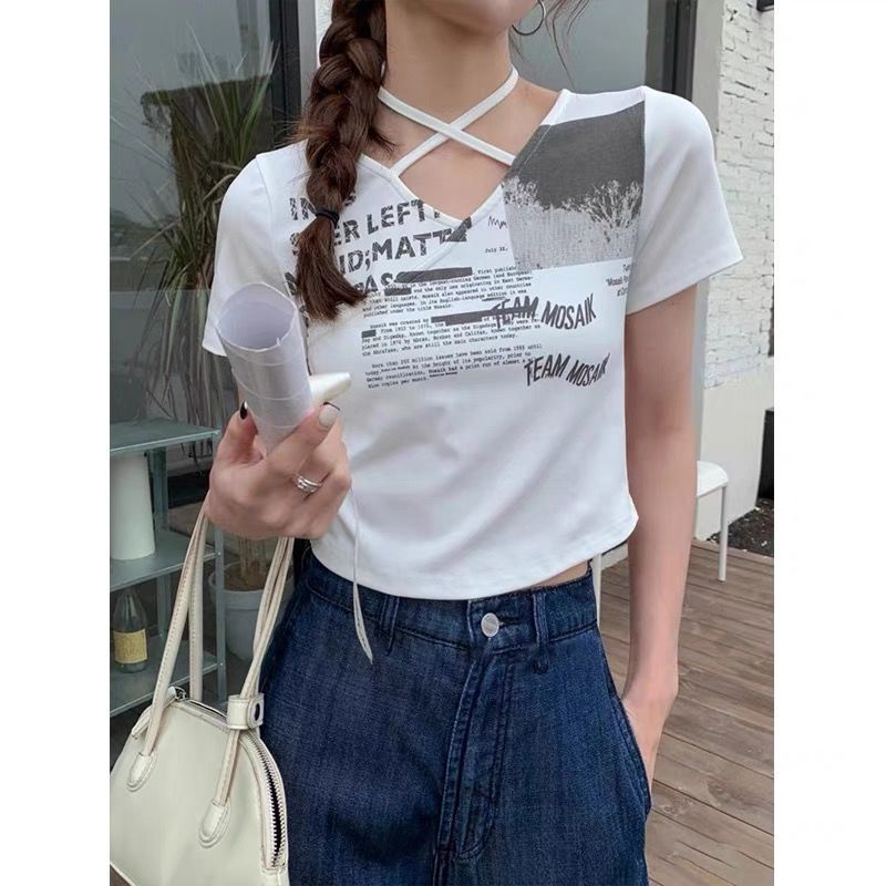 Loveheynew Amerika Retro Cetak Renda Halter Leher T-shirt Wanita Niche Gadis Panas Pendek Slim Lenga