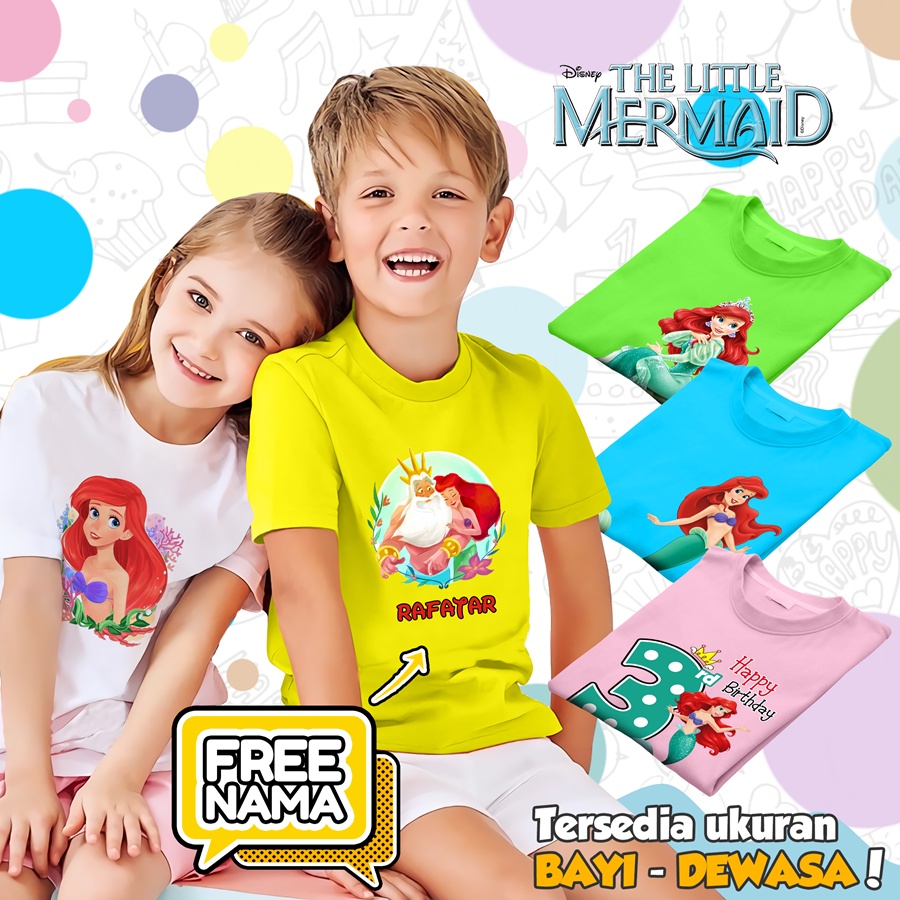 [FREE NAMA!!] Baju Kaos COUPLE  ANAK DAN DEWASA PRINCESS ARIEL BANYAK MOTIF