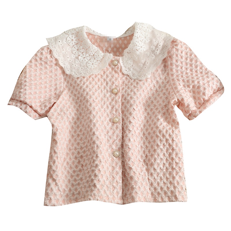 #Sisjuly# Wanita Blok Warna Berongga Boneka Kerah Single Breasted Cardigan Top Wanita Musim Panas Pe