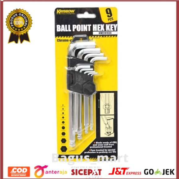 Krisbow Set Kunci L Hex Ballpoint 1.5-10 Mm 25 Cm 9 Pcs/set kunci L/kunci L serbaguna