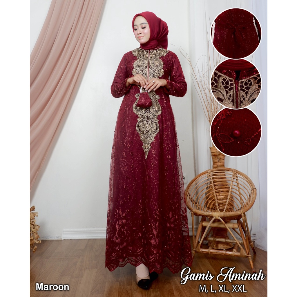 Gamis aminah terbaru rekomendasi gamis tulle aminah gamis pesta gamis kondangan/gamis terbaru/gamis murah /gamis premium/gamis terlaris /gamis 2022 /kebayashopp /warna Maron silfer navy lavender cream mocca pink gamis 2023