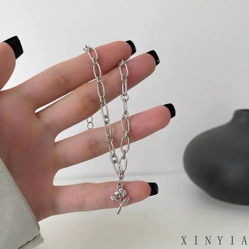 【COD】Gelang Tangan Rantai Baja Titanium Aksen Bunga Mawar Ala Korea Untuk Wanita