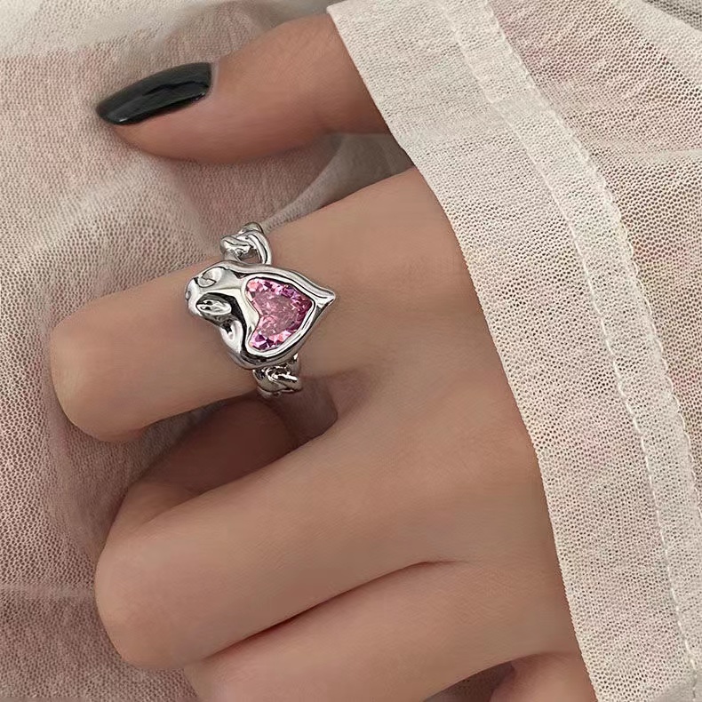 IFYOU Cincin Silver Hias Batu Permata Warna Pink Gaya Korea Untuk Wanita