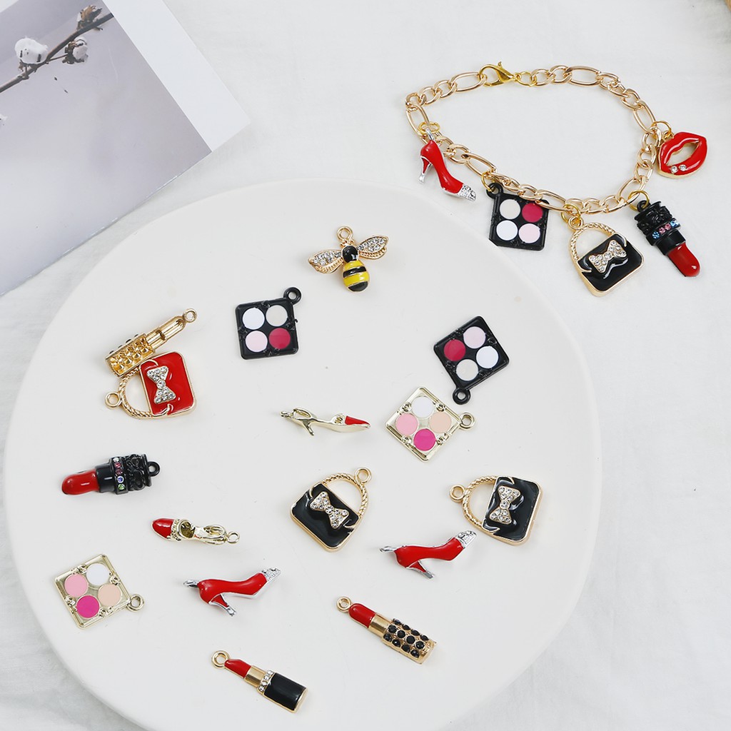 2-4 Pcs Enamel Makeup Charms Mixed Women Lip Lipstick Alloy Gold Tone Necklace Bracelet Jewelry Making Accessory