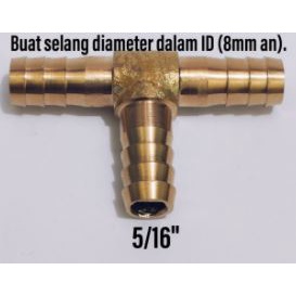 Tee selang 5/16 kuningan / Sambungan selang cabang 3 / T selang 8mm