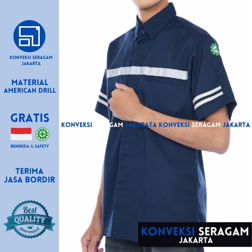 Baju Kemeja Safety K3 Lengan Pendek - Seragam Kerja Atasan Wearpack Werpack Werpak Proyek Tambang Warna Navy Pria Wanita - Konveksi Seragam Jakarta