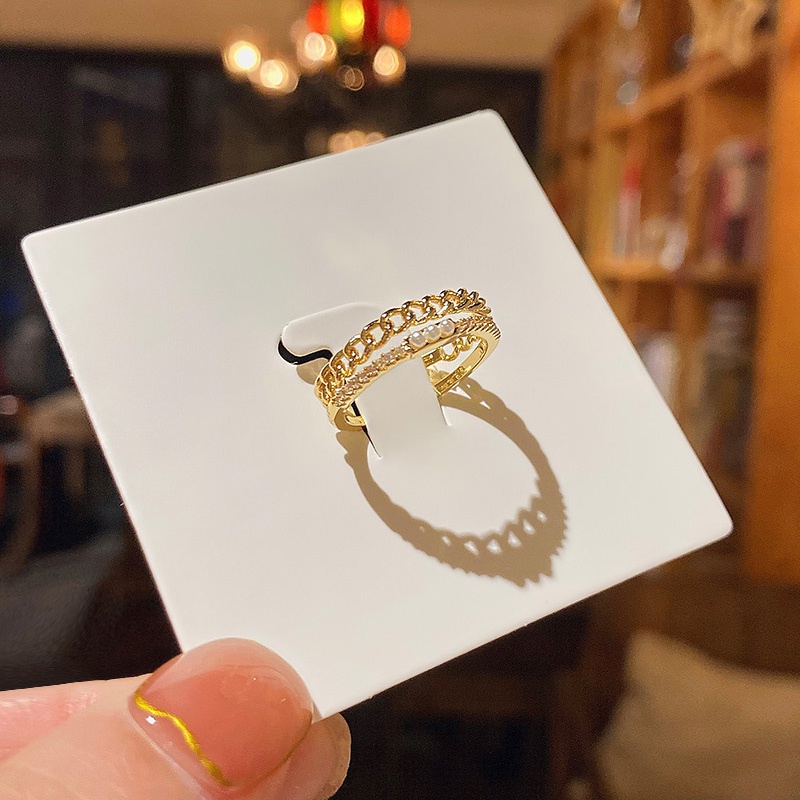 Cincin Berlian Mutiara Double layer Model Terbuka Adjustable Untuk Wanita