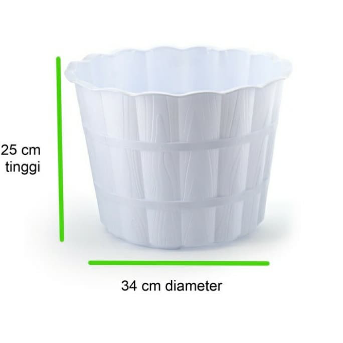 pot plastik putih diameter 35cm bambu/kayu