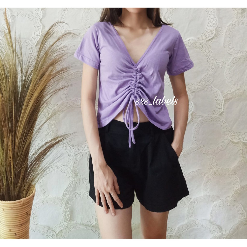 Kaos Crop Top Wanita Korea Basic T-shirt Baju Crop Tee Cewek Model Serut