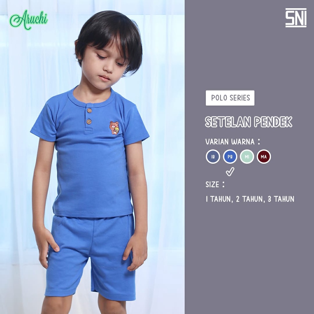 Aruchi Setelan Pendek Polo Series / Salur Sablon - Setelan Anak Murah