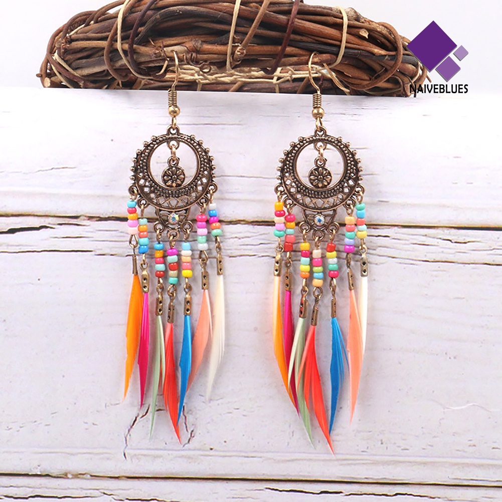 Anting Kait Gantung Desain Lingkaran Hollow Aksen Bulu Gaya Boho Untuk Wanita