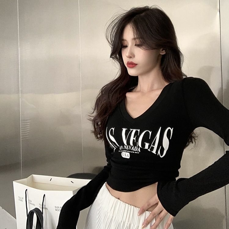 Suhao V-neck seksi pendek cropped pusar t-shirt wanita lengan panjang fashion cropped bottoming kemeja ket