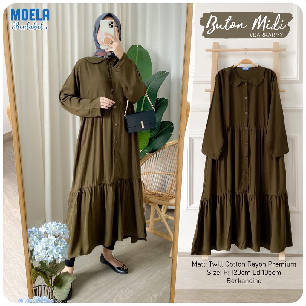 DRESS BUTON ld 105cm by ORI MOELA twill cotton rayon premium MIDI OOTD polos BUSUI berkancing MUSLIM