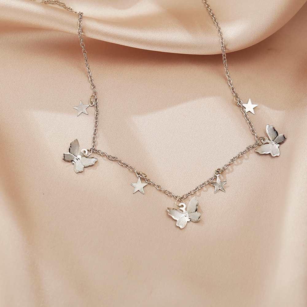 AY(CN) Kalung Rantai Choker Liontin Butterfly Star Warna Gold Silver Gaya Korea Untuk Wanita