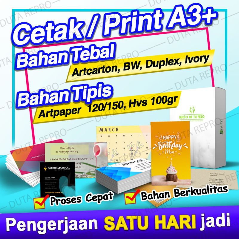 

Cetak A3+ Bahan Tebal 300g (Artcarton, BW, Ivory, Duplex), Linen 250g dan Kalkir