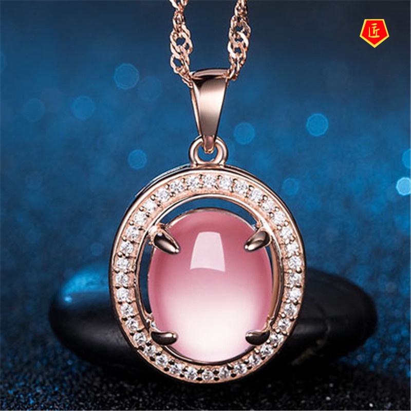 [Ready Stock]Rose Gold Micro-Inlaid Pink Crystal Rose Quartz Pendant Silver Necklace