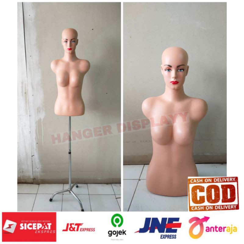 Patung / Manekin Body Cewek Dewasa Torso Botak | Manekin Wanita Setengah Badan + Kaki Besi