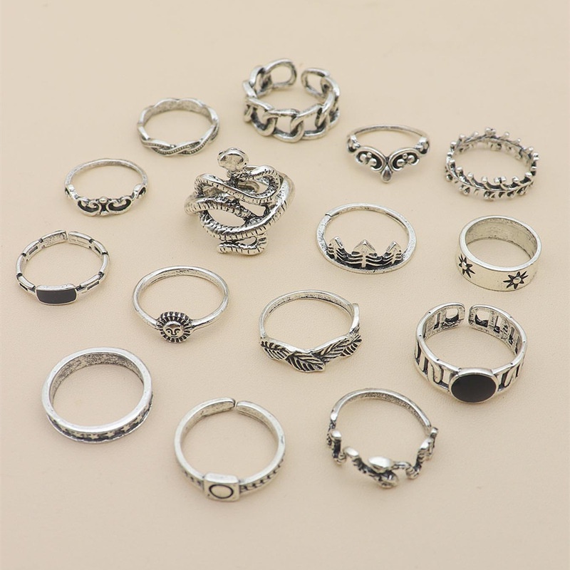 15 Pcs Cincin Knuckle Desain Geometri Bintang Awan Daun Pohon Natal Ular Untuk Wanita