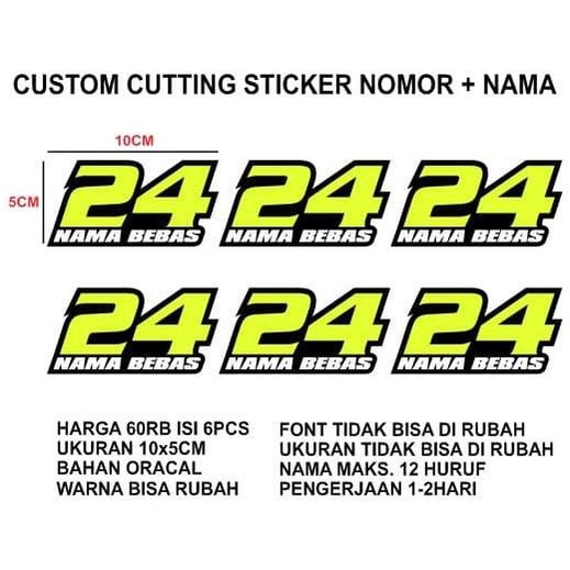 

Custom Cutting Sticker Nomor plus Nama 1set isi 6pcs