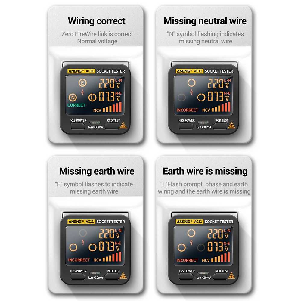 Multitester ANENG Stop Kontak Voltage Tester Grounding Polarity Phase Check - AC11