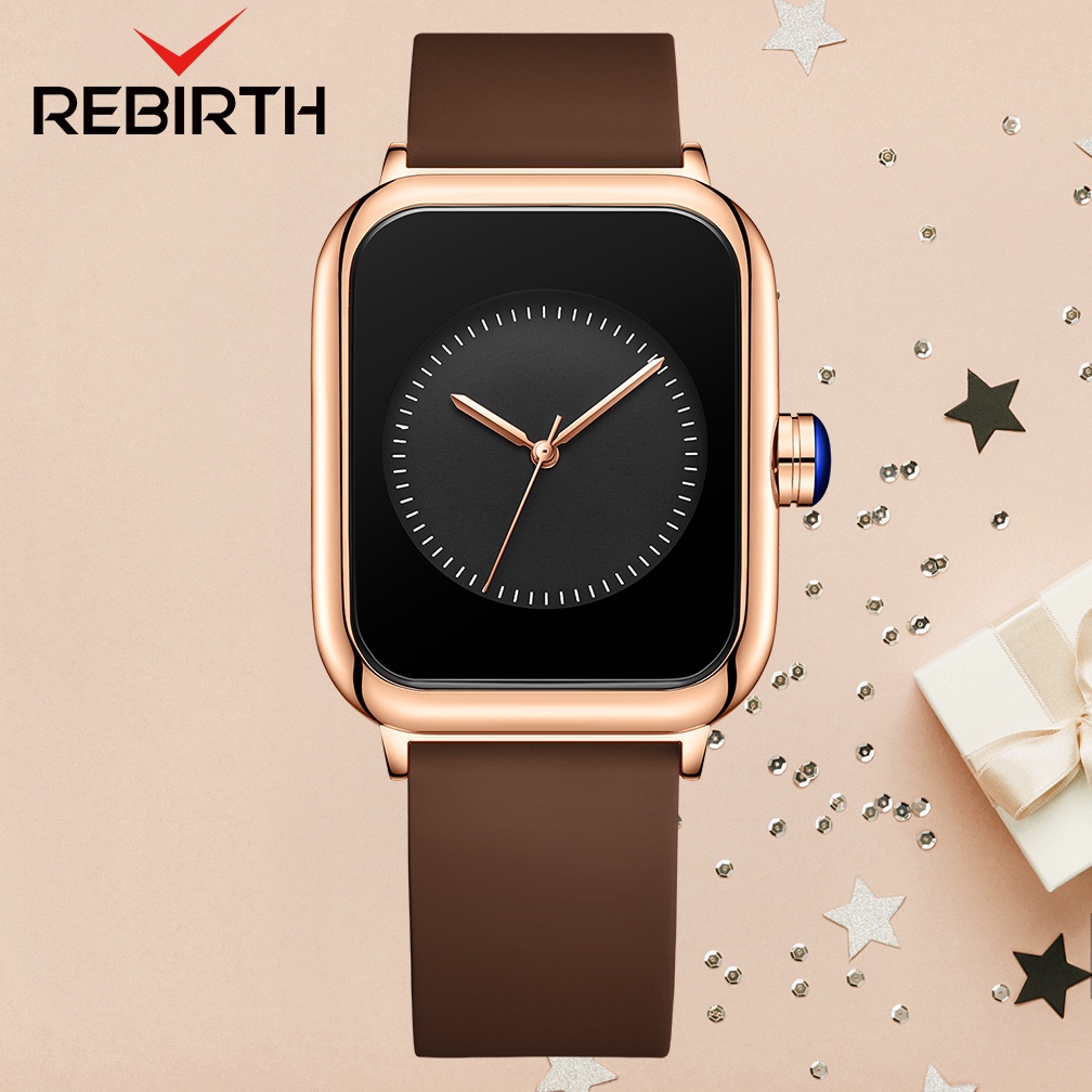 REBIRTH Jam Tangan Wanita Santai Olahraga Tali Silikon Display Kuarsa Tahan Air Jam Tangan Cewek-BrownBlack