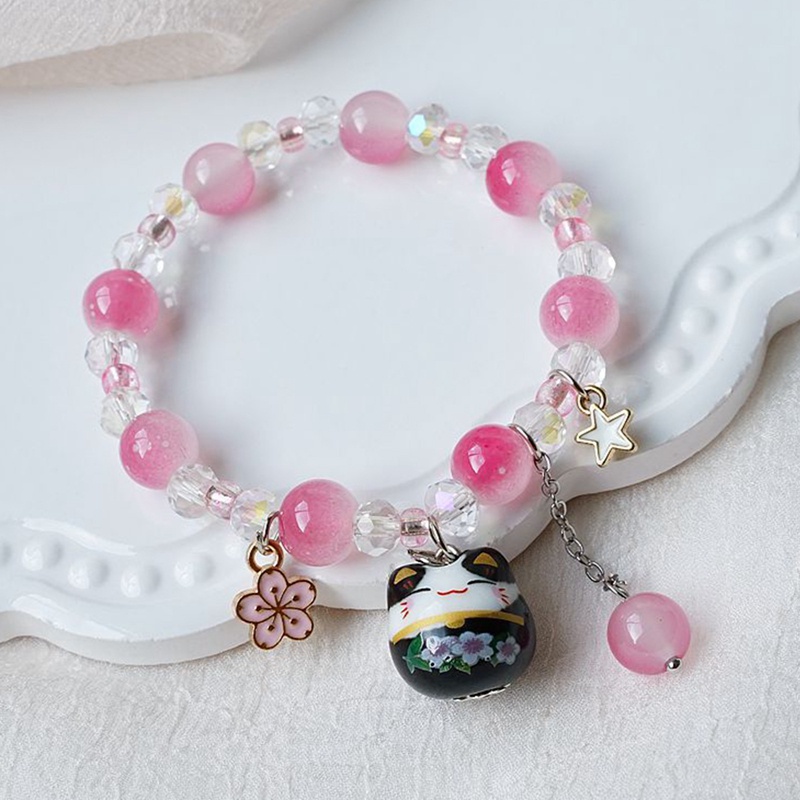 Gelang Manikmanik Batu Keramik Dengan Charm Kucing Keberuntungan Untuk Wanita
