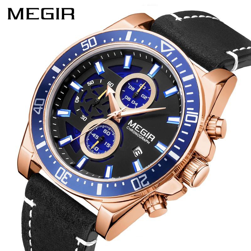 MEGIR 2132 Jam Tangan Pria Analog Chronograph Tali Kulit Luminous WATCHKITE WKOS