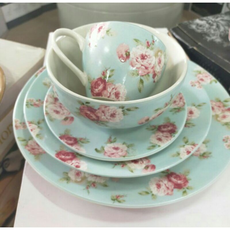 Keramik Set Isi 4 Piring Dinner Salad Mangkok Cangkir - Blue Shabby