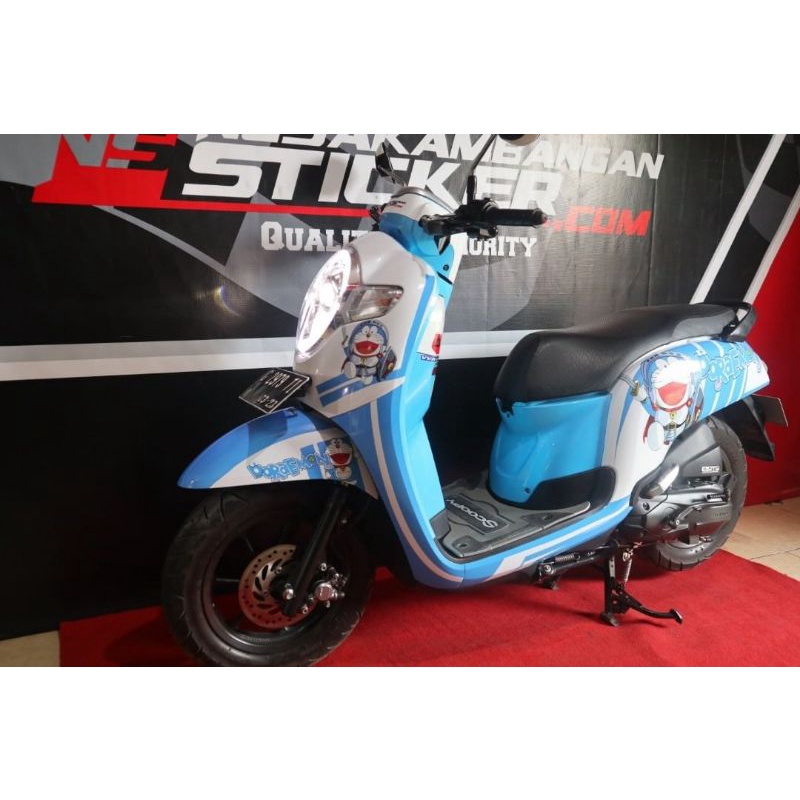 Stiker Motor Honda Scoopy Full Body Custom Variasi Karakter Original Doraemon Kartun Biru Toska Kere