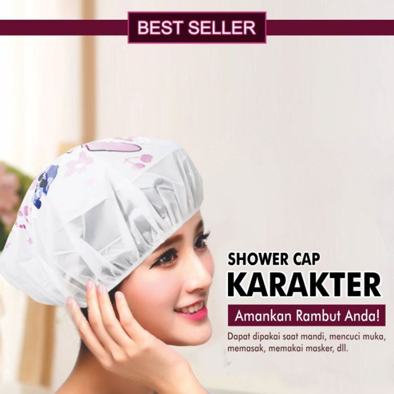 SHOWER CAP WATERPROOF KARAKTER LUCU COVER PENUTUP KEPALA WATERPROOF