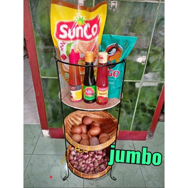 (PROMO) Rak Bumbu Susun 3 JUMBO/Rak Bawang Plus Besek / Rak Kecap / Rak Bumbu Besek / Rak Bumbu Rotan