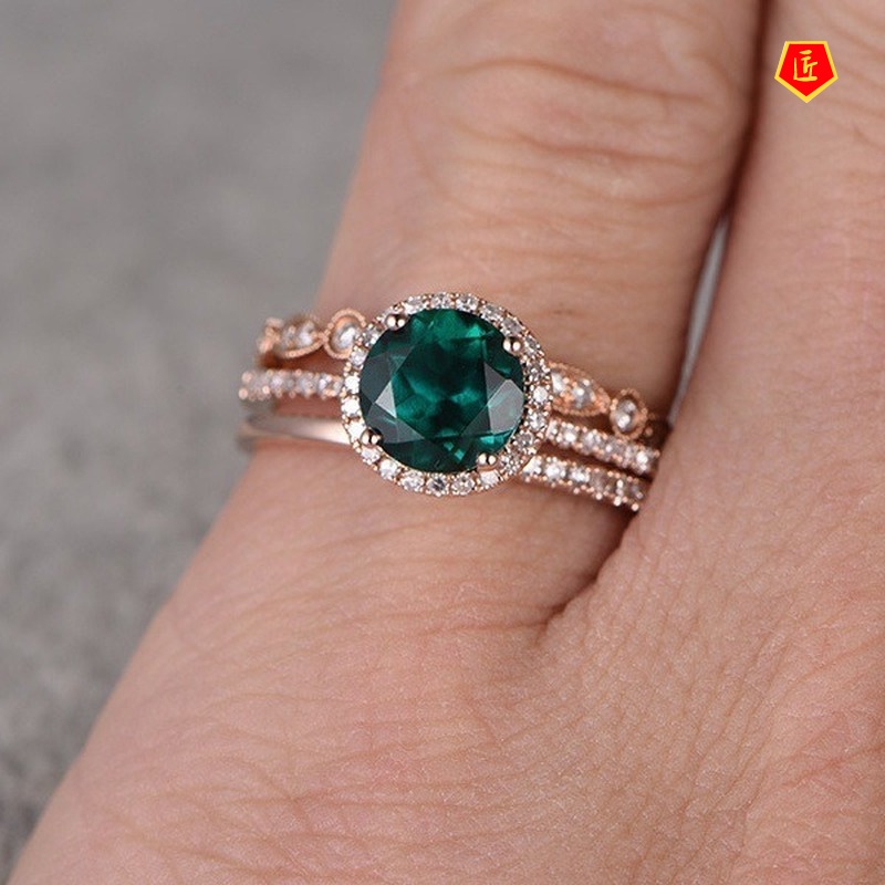 [Ready Stock]14K Rose Gold Micro-Inlaid Emerald Three-Piece Ring Set Elegant Graceful