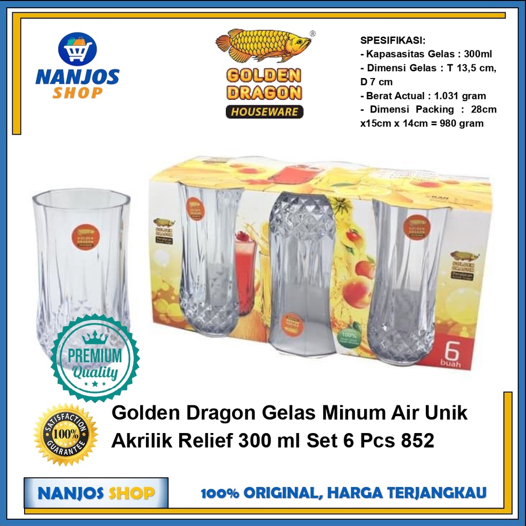 Golden Dragon Gelas Minum Air Unik Akrilik Relief 300 ml Set 6 Pcs 852