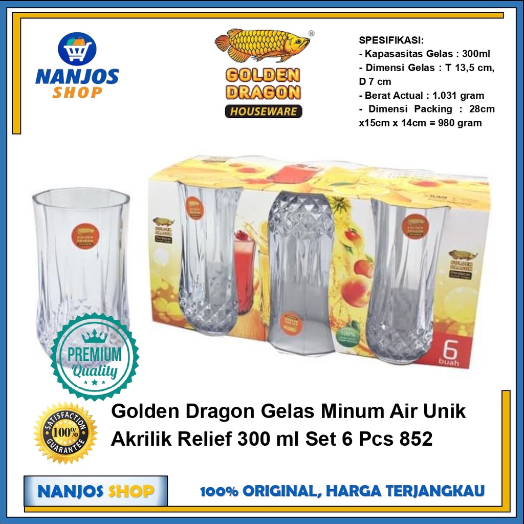 Golden Dragon Gelas Minum Air Unik Akrilik Relief 300 ml Set 6 Pcs 852