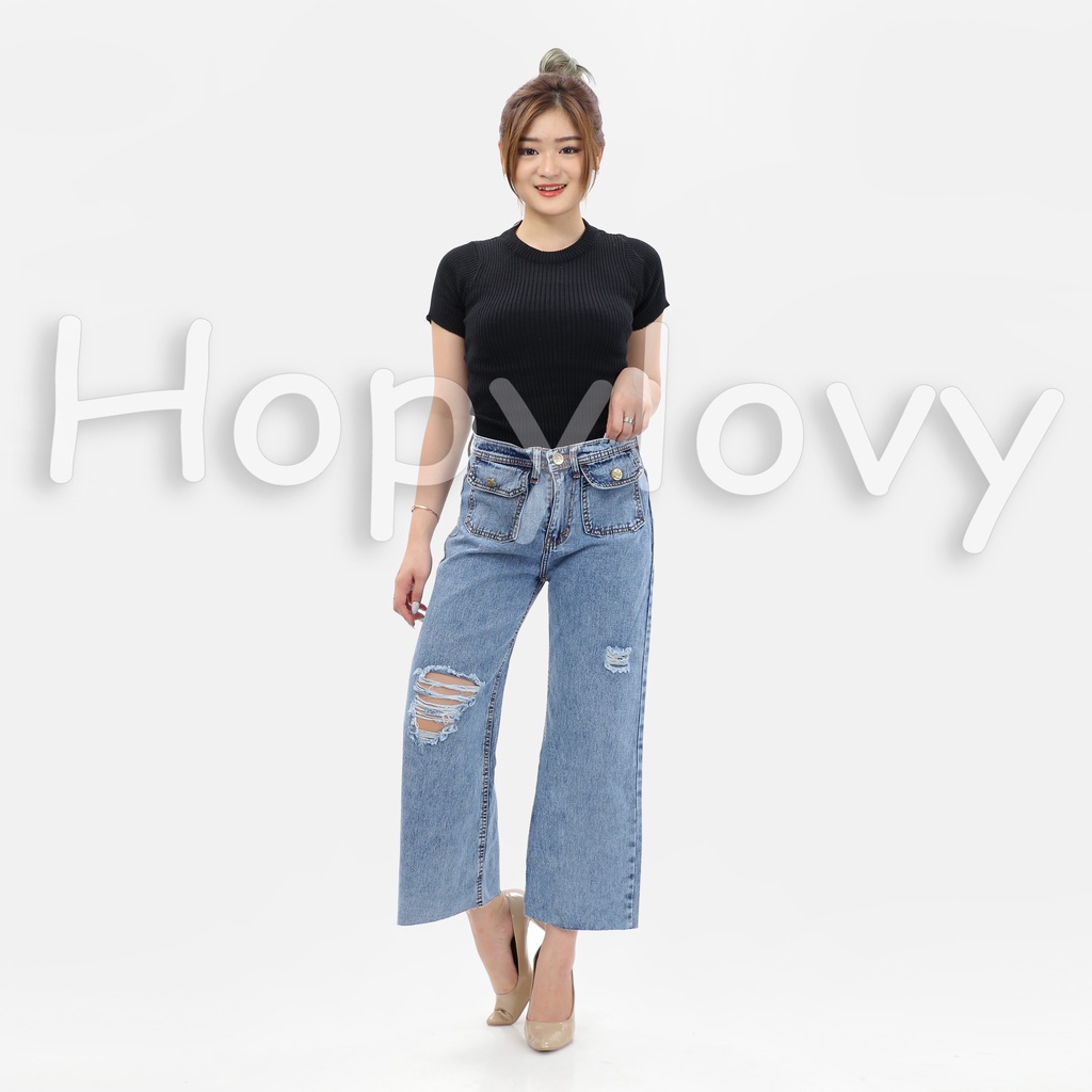 HOPYLOVY Celana Kulot Highwaist Jeans Wanita BF Ripped Unfinished Jehana
