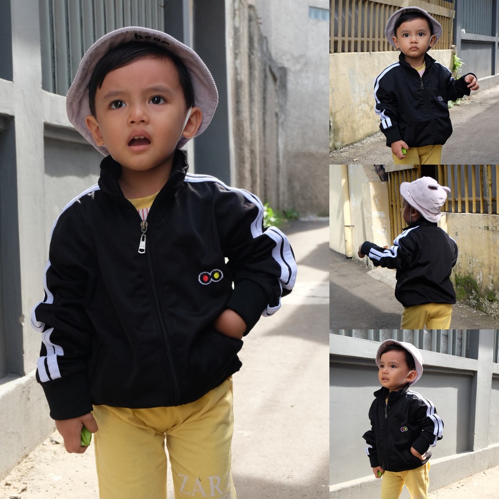 JAKET ANAK PEREMPUAN LAKI LAKI TRACKTOP GARIS CASUAL ORIGINAL REALPICT-HITAM