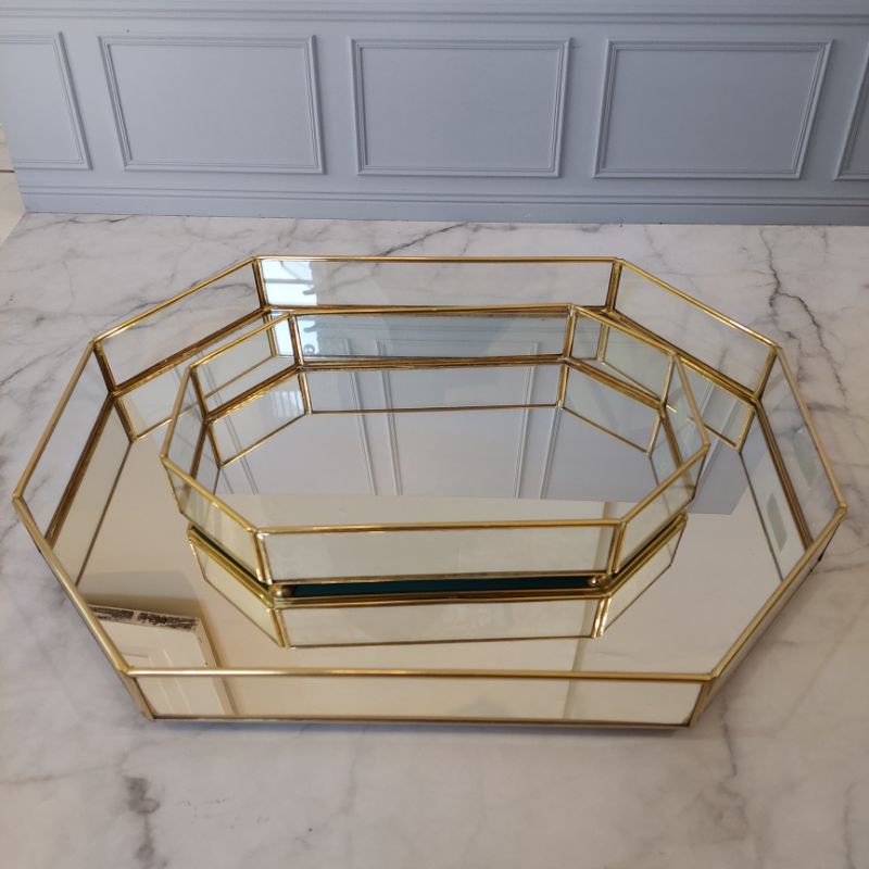 Mirror Tray Glass Tray Kaca Baki Kaca Nampan Kaca Kaca List Gold Emas Baki Lamaran Nampan Mewah Namp