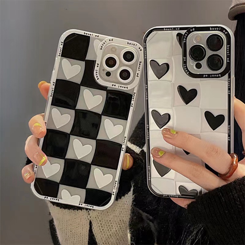 Casing Soft Case Compatible for iPhone 14 13 12 11 Pro Max X Xr Xs Max iPhone 8 7 6 6s Plus  SE 2020 Trendy Lattice Love Side Soft Silicone Phone Case Anti-drop Lens Protective Cover