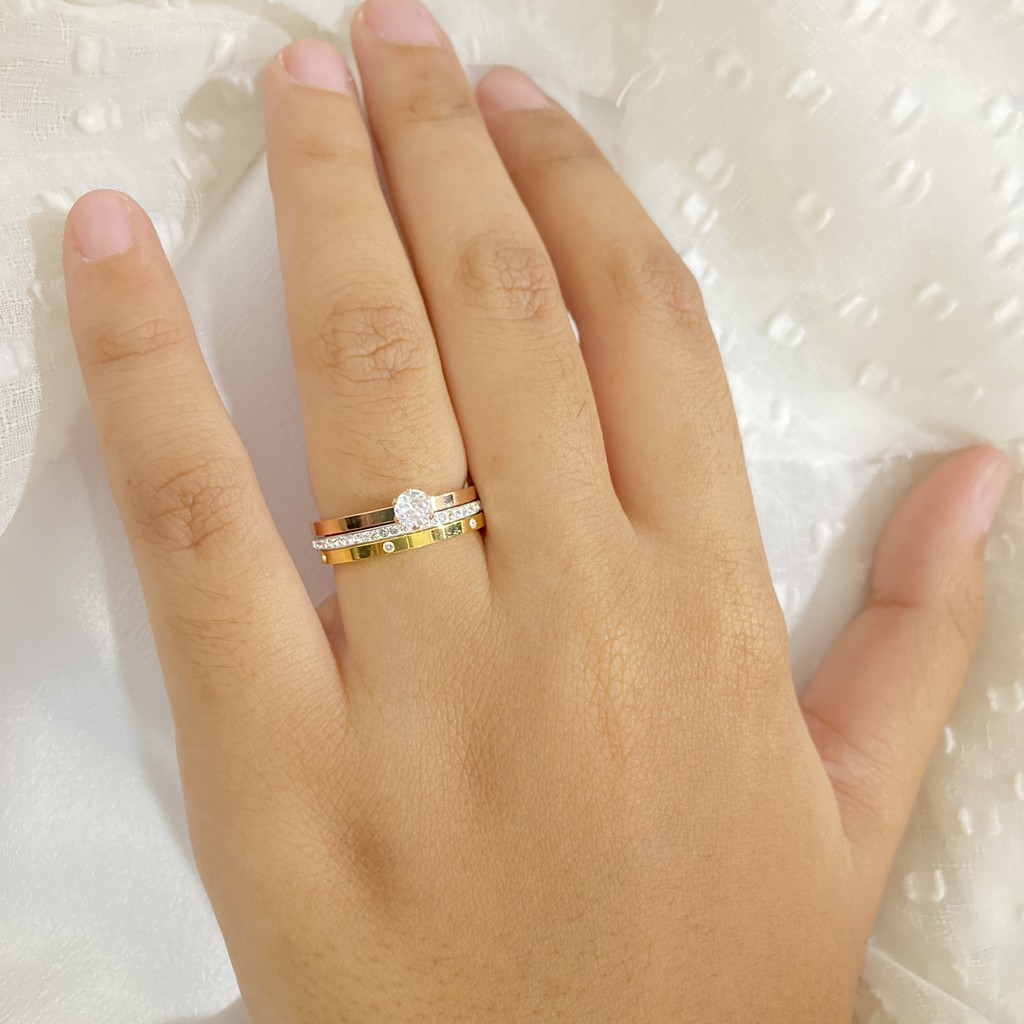 Cincin 3 in 1 Titanium Permata Multi Color Aksesoris Perhiasan Wanita