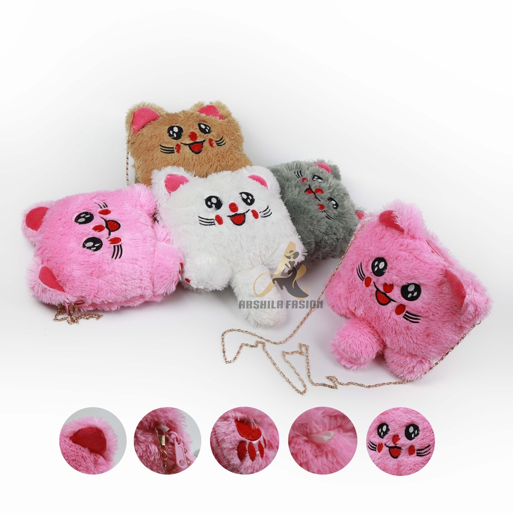Tas Selempang bulu model Kucing / Selempang bulu lucu / tas boneka /Tas Bulu Boneka