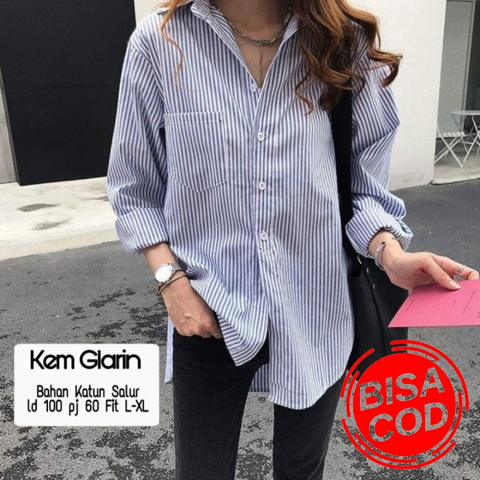 Tunik Remaja Polos Model Terbaru Kekinian 2021 / Baju Wanita Tuni FD885 Kemeja Salur Glarin - Biru