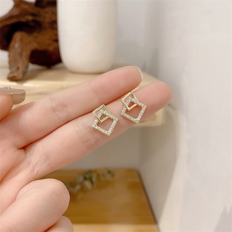 Anting Bentuk Persegi Geometris Bahan Zirkon Gaya Jepang Korea