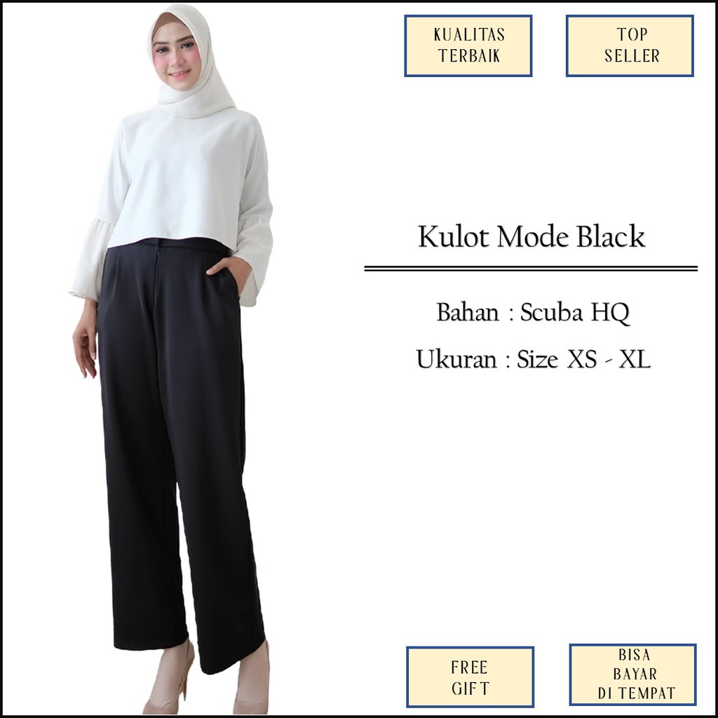 Bawahan Celana Kulot Muslim Basic Hitam Black Kerja Casual Polos Bahan Scuba Size L XL XXL M1117