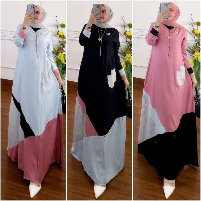 sasuke gamis katun twill pink/hitam/abu